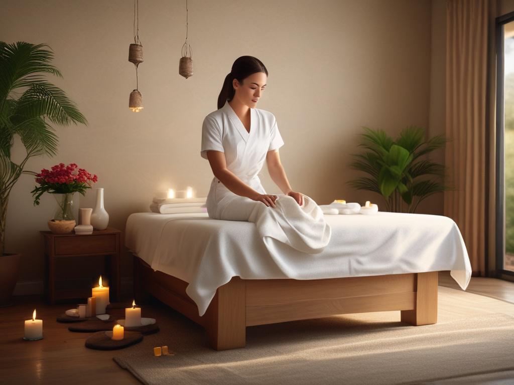 A serene spa setting with soft ambient lighting and calming