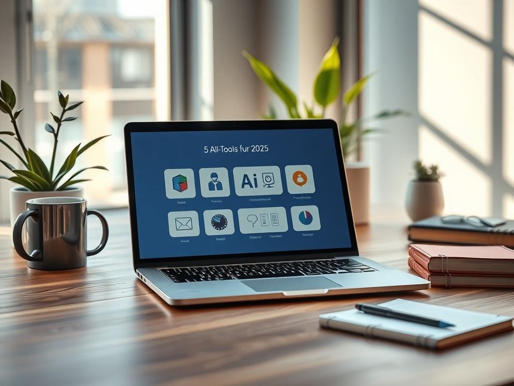 **Prompt for AI Image Generator:**

Create a highly detailed, realistic high-resolution photo that reflects the theme of "5 KI-Tools für 2025." The composition should be simple and clear, focusing on a single subject: a modern laptop opened on a sleek wooden desk. The laptop's screen should display a user-friendly interface showcasing icons of the five AI tools, ensuring the screen is captivating and informative without any text.

The background should be softly blurred to emphasize the laptop, featuring el