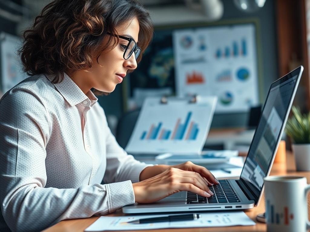 A detailed high-resolution close-up shot of a marketing professional analyzing data on a laptop, surrounded by charts and graphs. The office background should reflect a dynamic and creative work environment.