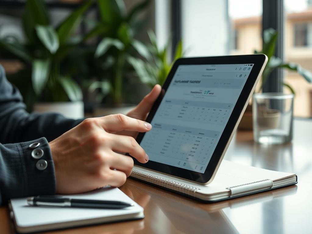 A realistic high-resolution close-up image of a person using a tablet to manage automation tasks, with a notepad and pen nearby. The background should be a stylish office with plants, creating an atmosphere of productivity and calm.