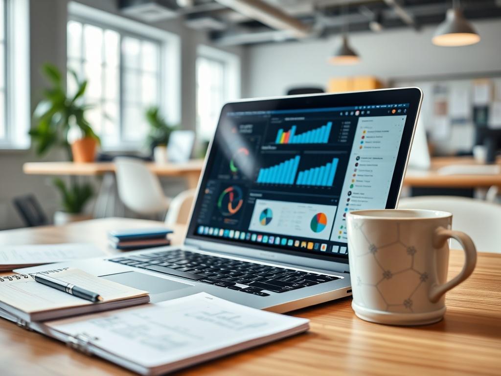A high-resolution close-up shot of a modern workspace featuring a laptop with productivity software open, surrounded by notepads and a coffee cup. The background shows a bright and organized office environment, emphasizing a sense of focus and efficiency.