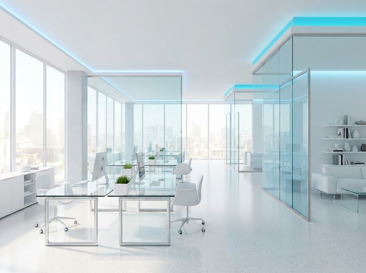 Ljus minimalistisk studiointeriör med glasväggar och cyan ljusaccenter