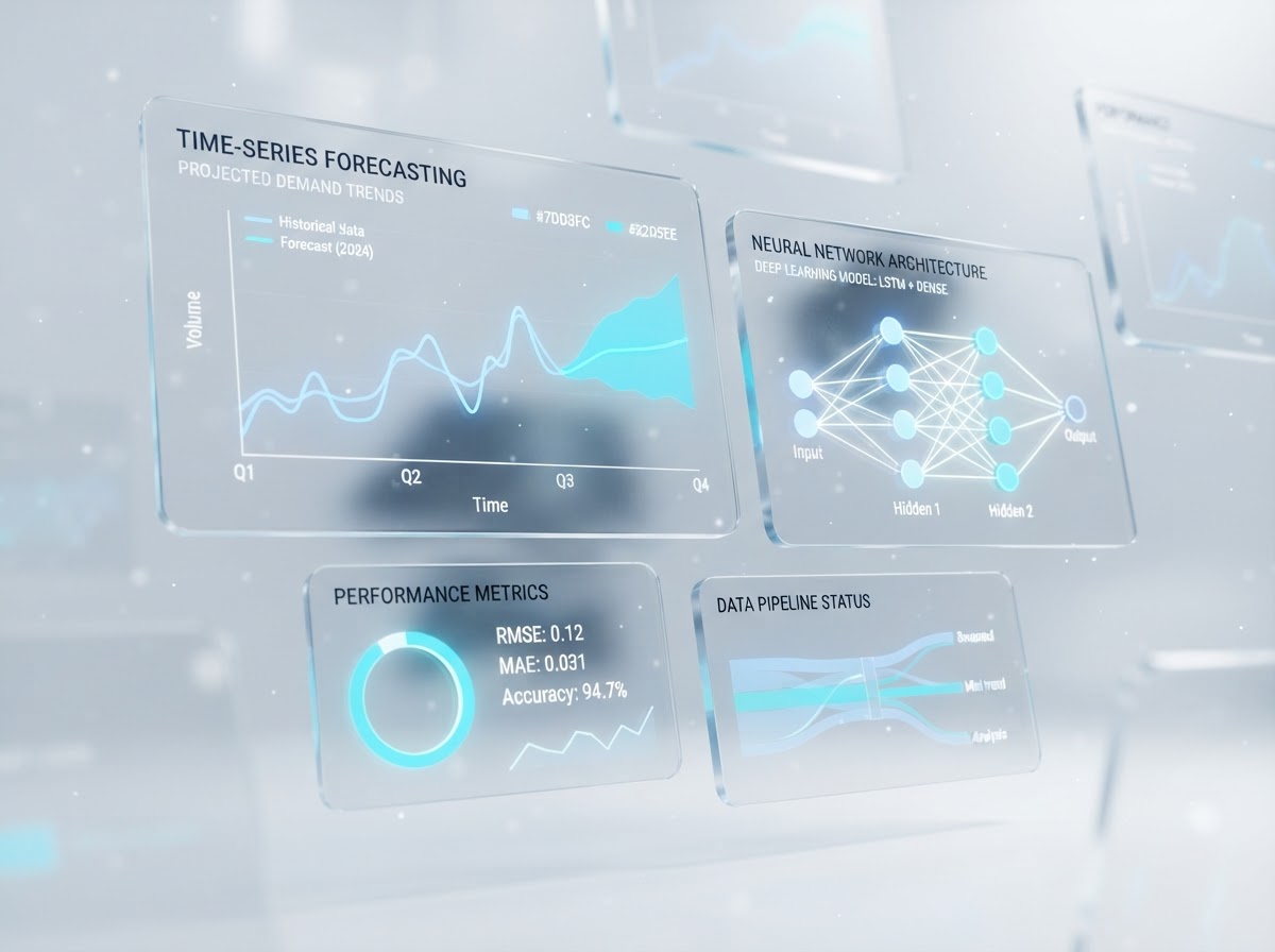 Glaspaneler med time-series prognosgrafer och neurala nätverksdiagram i cyan och himmelsblått