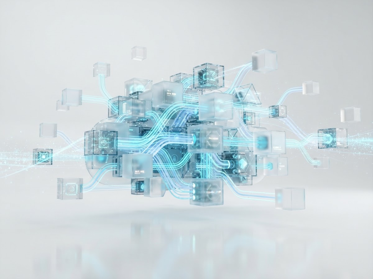 Kristallserverblock och glaskuber kopplade av lysande cyan pipelines ovanför en vit reflekterande yta