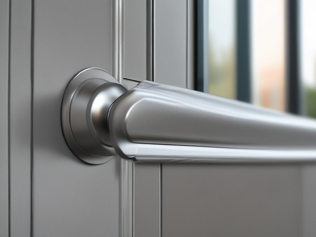 Close up image of a stainless steel door handle and