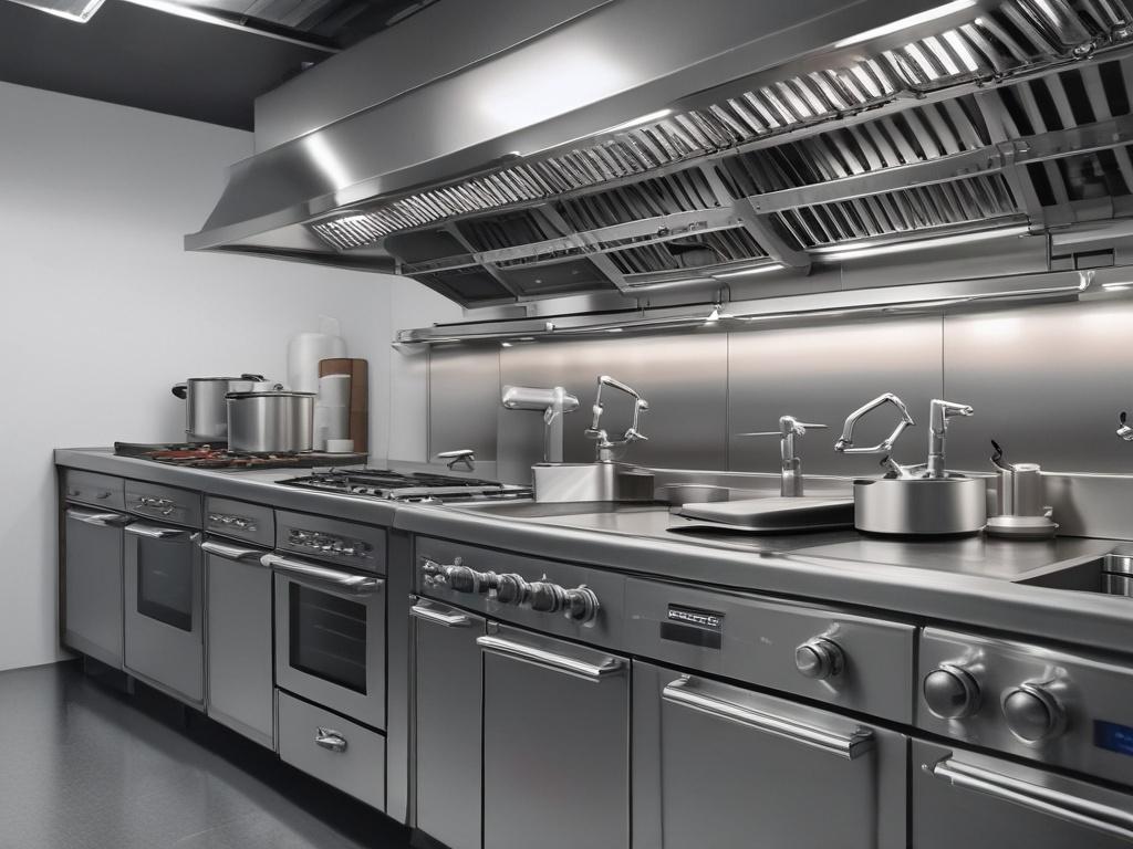 A hyper realistic close up shot of stainless steel kitchen