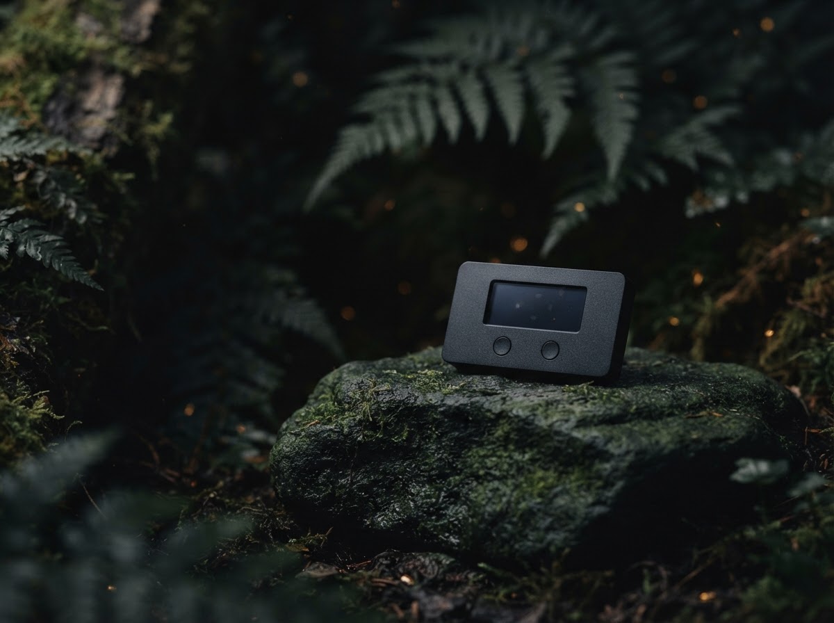A discreet hardware wallet on a dark green stone surface