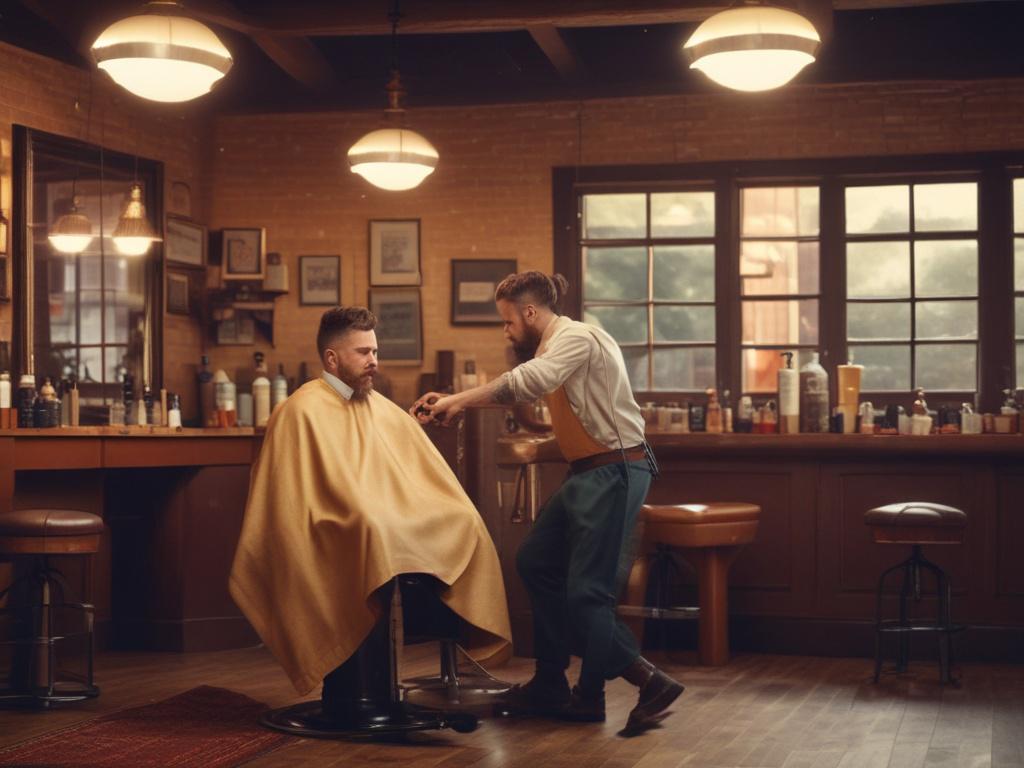 A barber washing and styling a man's hair, warm and inviting barbershop atmosphere, golden hues, focus on the hair treatment.