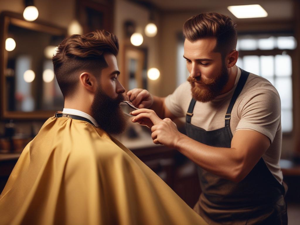 A barber shaping and trimming a man's beard, intimate barbershop setting, soft golden lighting, focus on barber and beard.