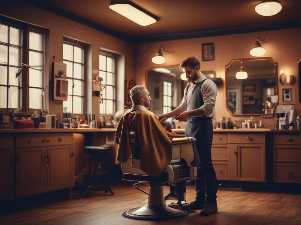 A stylish barber cutting a man's hair, cozy barbershop environment, warm golden lighting, serene atmosphere, focus on barber and customer.
