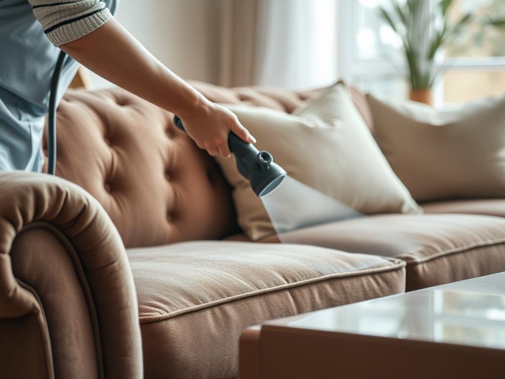 A close-up shot of a plush, well-cared-for sofa with a professional cleaner gently using a steam cleaner to refresh the upholstery. The background should be softly blurred to emphasize the sofa, with natural light highlighting the rich colors and textures of the fabric. The image should reflect a clean and inviting atmosphere, showcasing the effectiveness of the cleaning process.