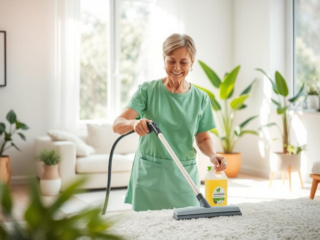 A bright and fresh interior scene showcasing a professional cleaner using eco-friendly products in a sunlit room. The cleaner, a middle-aged woman with a friendly smile, is diligently steam cleaning a carpet, emphasizing the use of natural cleaning methods. The background features green plants and a clean, organized living space, conveying an atmosphere of health and eco-friendliness.