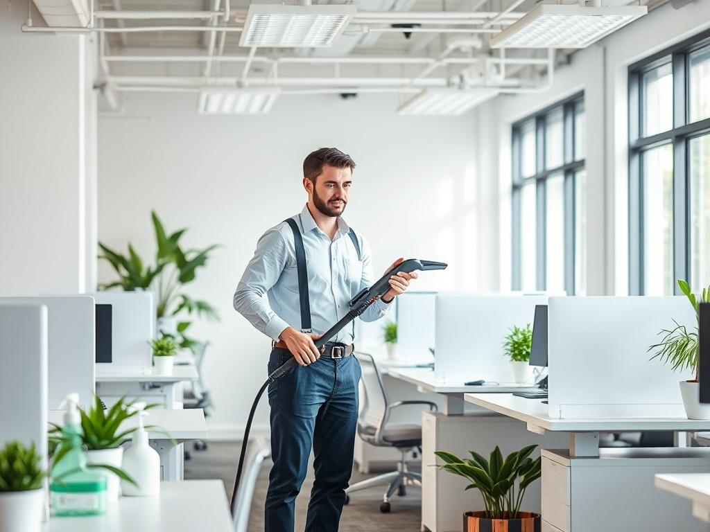 A modern office space with clean desks and bright lighting, showcasing a professional cleaner using a steam cleaner. The setting should include green plants and eco-friendly cleaning supplies, highlighting a commitment to cleanliness and sustainability.