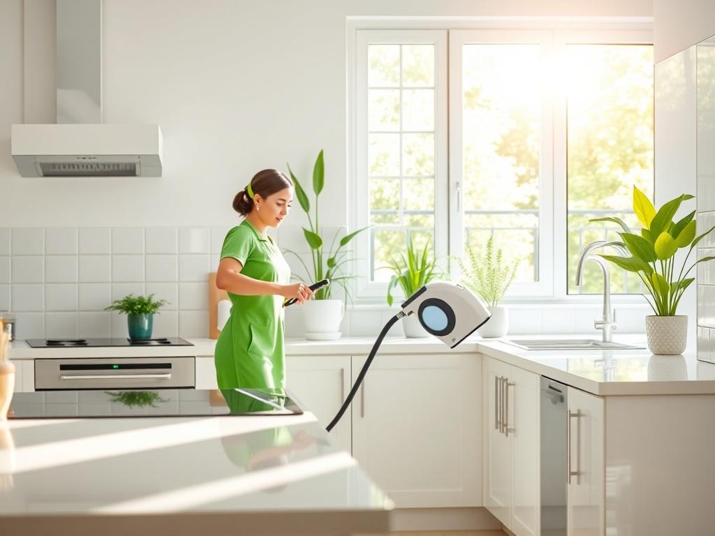 A bright, fresh kitchen with sunlight streaming through the window, showcasing a clean countertop and gleaming appliances. A cleaning professional in green and white attire is using a steam cleaner, with natural plants in the background, emphasizing eco-friendliness.