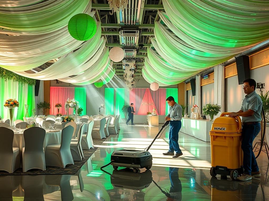 A bustling event space with decorations being taken down, featuring a cleaning crew in action using steam equipment. Bright colors and natural light shine through, emphasizing a clean and inviting atmosphere.
