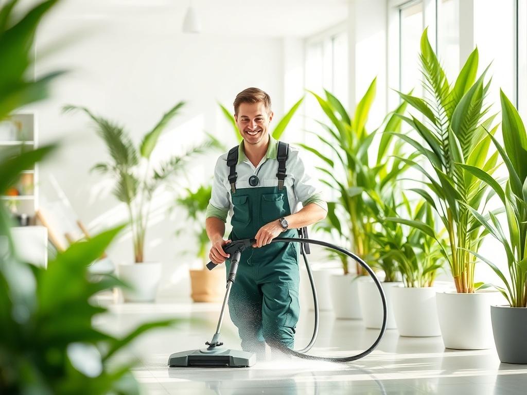 A professional cleaning technician in a bright, eco friendly environment,