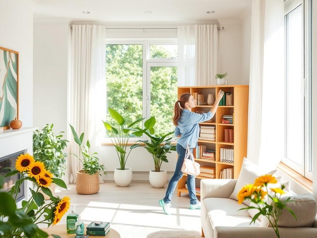 A bright and airy residential living room filled with sunlight,
