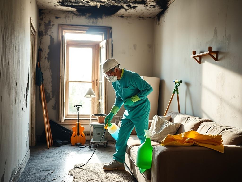A professional cleaner in protective gear meticulously cleaning a fire-damaged home. The scene shows soot-covered walls and furniture, with the cleaner using eco-friendly cleaning products. Bright sunlight streams through a window, highlighting the contrast between the dark, damaged areas and the cleaner's bright, fresh cleaning supplies. The background reveals a partially restored room with tools and equipment for restoration, conveying a sense of hope and renewal.