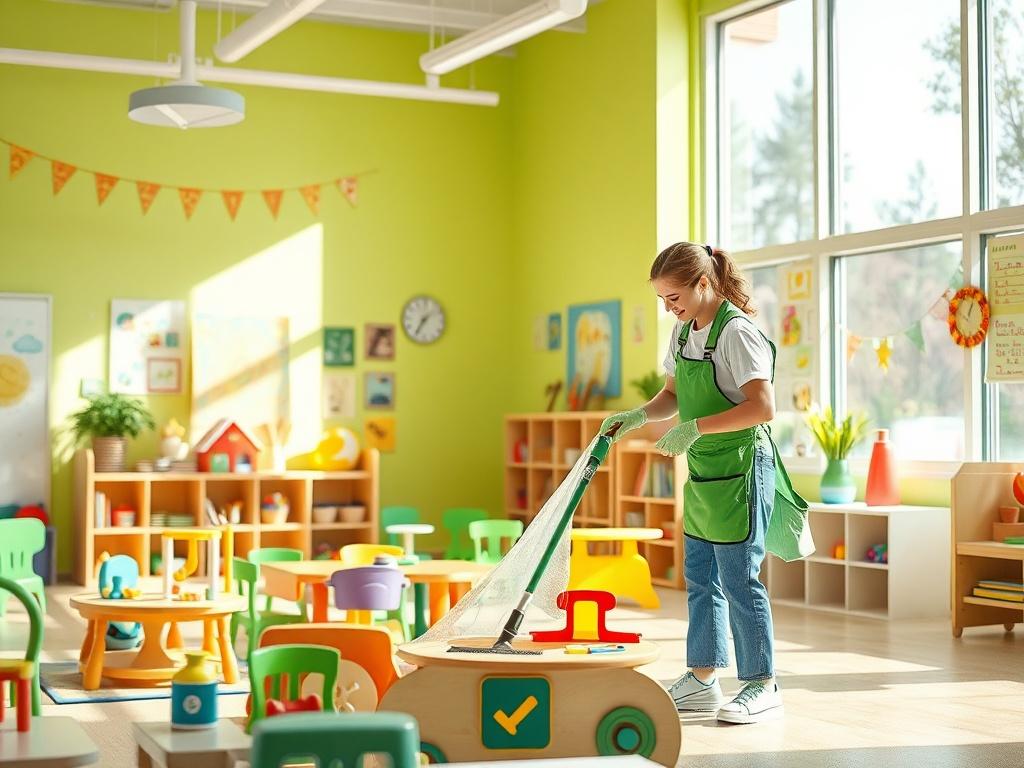 A cheerful cleaning professional thoroughly sanitizing a colorful daycare classroom filled with toys and children's art. The scene captures the cleaner using eco-friendly products, with a bright and inviting atmosphere. Sunlight filters through large windows, illuminating the brightly colored walls and playful decorations. The cleaner focuses on a play area, ensuring that everything is safe and clean for children. The background shows a clean space ready for the next day of fun and learning.