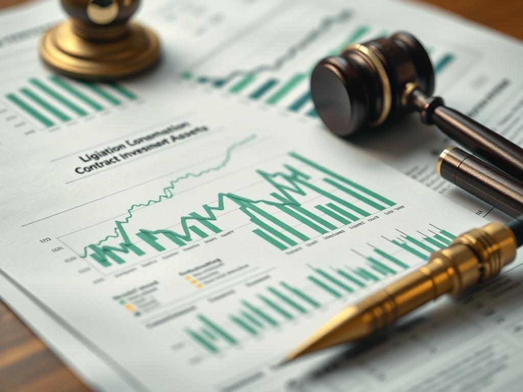 A close-up shot of legal documents and financial charts, showcasing the concept of investment in litigation contract assets. The background should be blurred to emphasize the documents and charts, with realistic lighting that highlights details. The color scheme should incorporate shades of green, specifically rgb(50, 170, 39), to align with the brand's primary color.