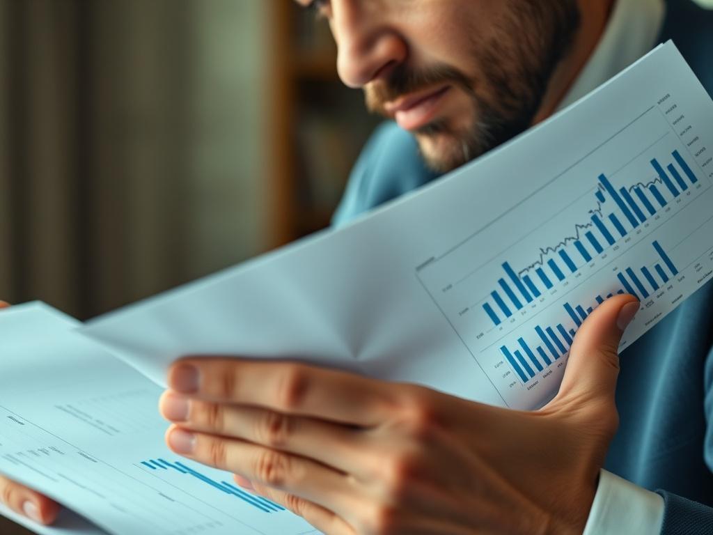 A high resolution close up shot of a person analyzing