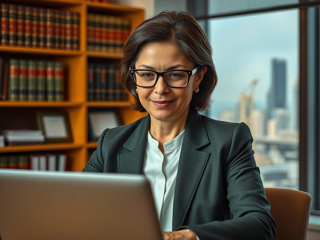 A high-resolution close-up shot of a confident legal professional in a modern office environment. The individual, a middle-aged woman with glasses, is engaged in a conversation over a laptop, demonstrating focus and expertise. The background features shelves of law books and a window showing a cityscape, creating a professional atmosphere. The lighting is warm, emphasizing the subject's expression and attire, and the overall color palette includes shades of green to align with the rgb(50, 170, 39) primary c