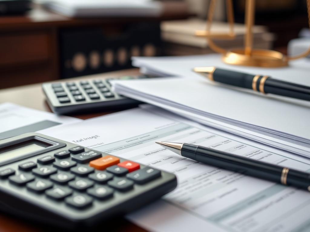 A close-up shot of a stack of legal documents next to a calculator and a pen on a desk, representing the concept of legal investment. The scene should be well-lit and organized, creating a professional ambiance, with a blurred background for a focused effect, shot with a 45mm f/1.2 lens.