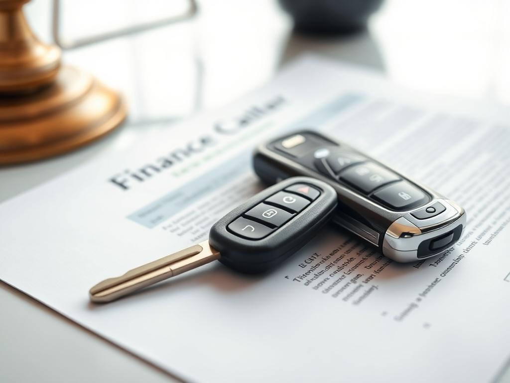 A close-up shot of a sleek car key and a legal document on a modern desk, symbolizing the intersection of finance and law. The setting should be bright and clean, highlighting the key and document sharply, with a blurred background to emphasize the focus, shot with a 45mm f/1.2 lens.