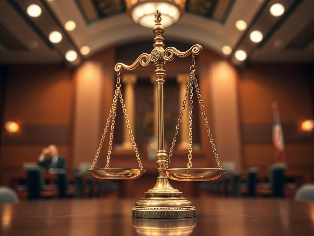 A hyper-realistic close-up shot of a golden scale of justice set against a blurred background of a modern courtroom. The focus is on the scale, symbolizing balance and fair investment in litigation. The lighting is warm, highlighting the intricate details of the scale while keeping the courtroom ambiance subtly present.