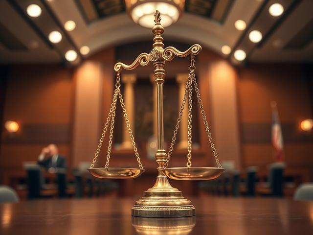 A hyper-realistic close-up shot of a golden scale of justice set against a blurred background of a modern courtroom. The focus is on the scale, symbolizing balance and fair investment in litigation. The lighting is warm, highlighting the intricate details of the scale while keeping the courtroom ambiance subtly present.