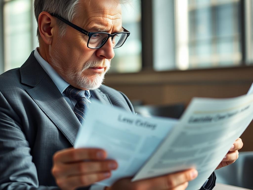 A close-up shot of a confident investor examining legal documents related to litigation contracts. The investor, a middle-aged professional in smart attire, focuses intently on the papers, with a backdrop of a modern office setting. Soft natural light highlights the documents, emphasizing their importance. The color theme incorporates shades of green, reflecting the rgb(50, 170, 39) primary color.