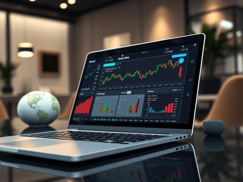 A hyper-realistic close-up of a modern trading interface on a sleek laptop screen, showcasing various Litigation Contract Assets (LCAs) with vibrant graphics and charts. The background is a stylish, minimalist office setting with soft lighting, emphasizing professionalism and sophistication.