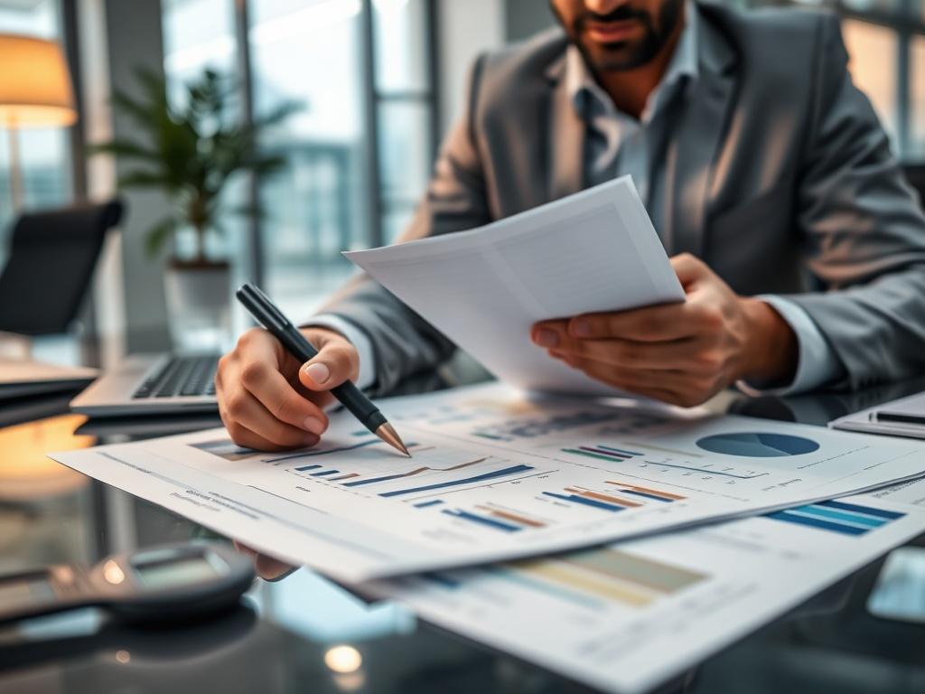 A hyper-realistic close-up of a financial analyst reviewing high-yield LCA investment options with detailed reports and charts on a sleek desk. The background features a modern office with a professional ambiance, highlighting a commitment to success.