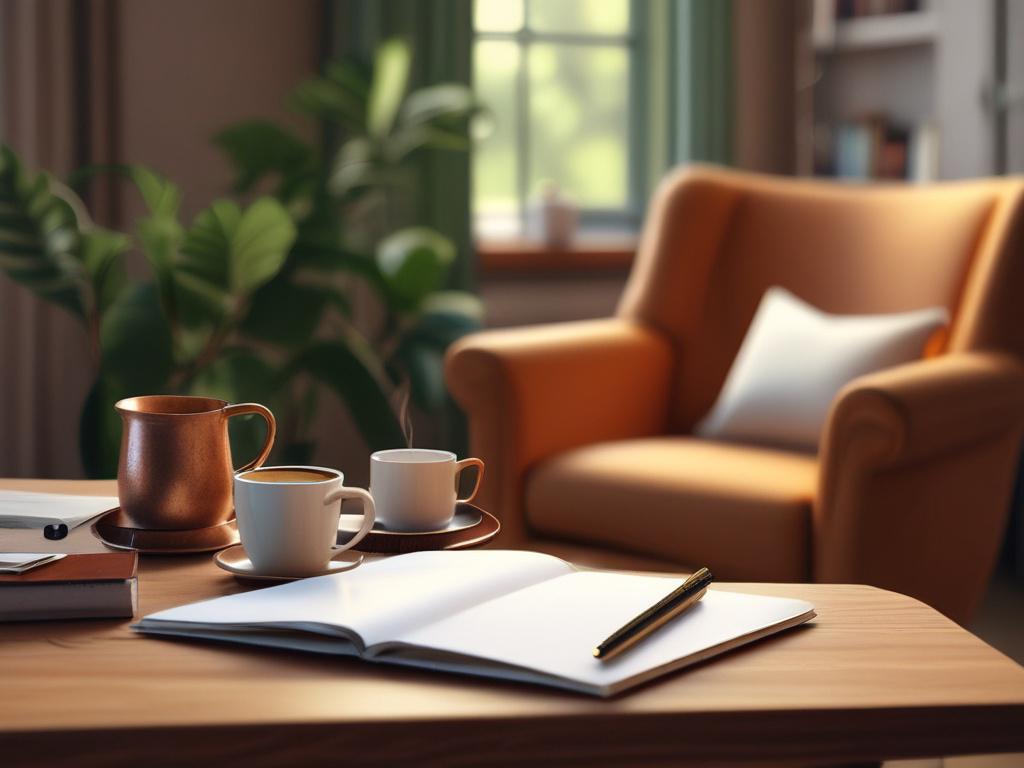 A cozy, serene workspace with soft golden lighting  The