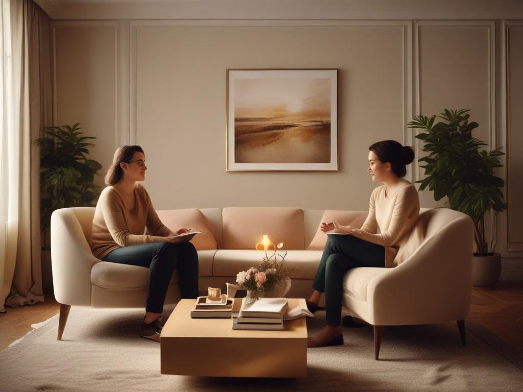 A serene coaching session taking place in a comfortably furnished