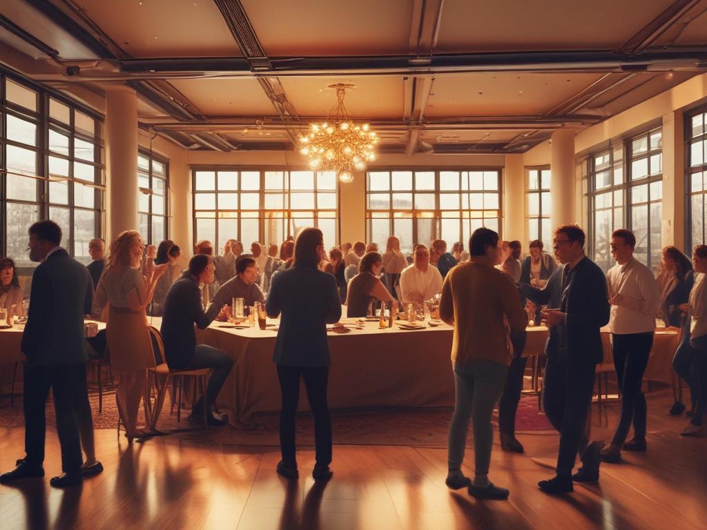 A lively networking event in a well lit venue, filled