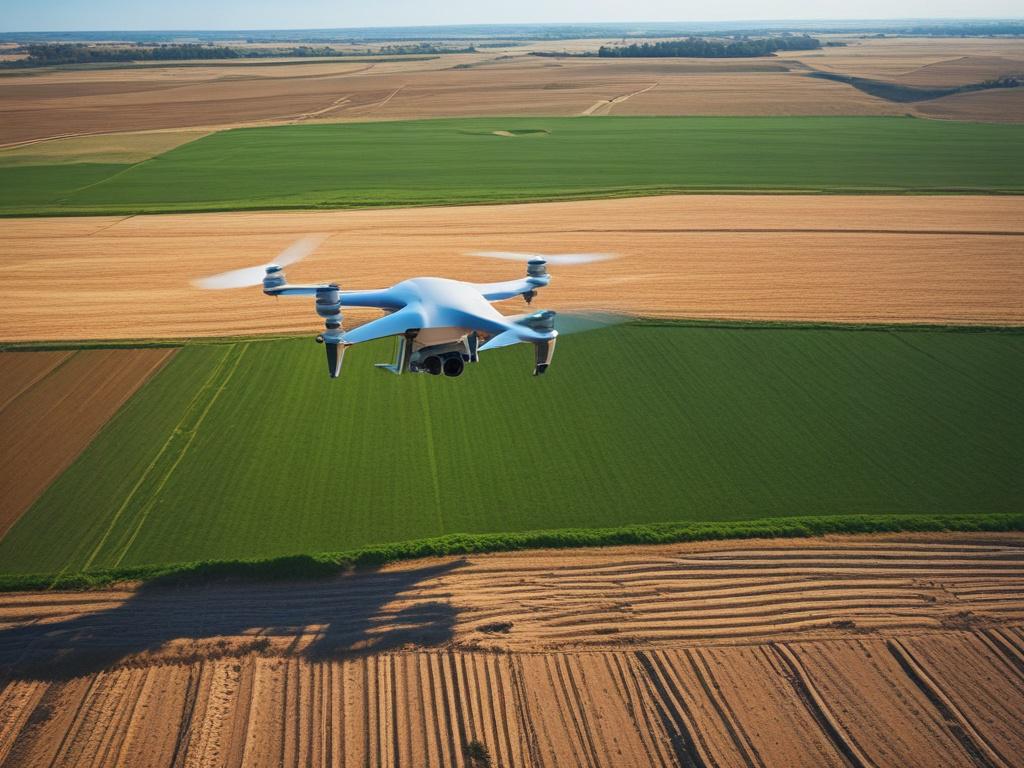 realistic high resolution of a drone flying over expansive farmland,
