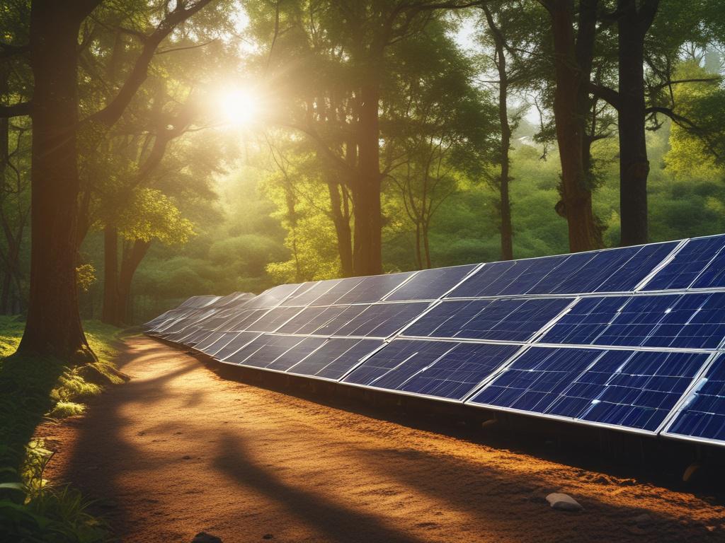realistic high resolution of solar panels in a lush green