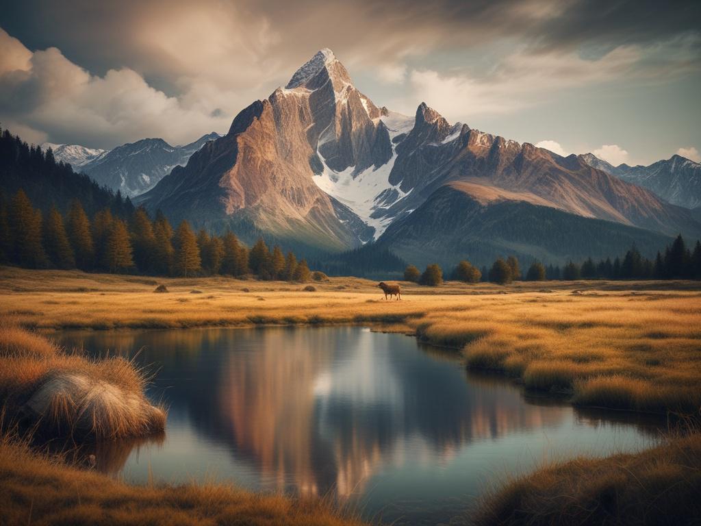 a serene mountain landscape with diverse wildlife, showcasing a blend