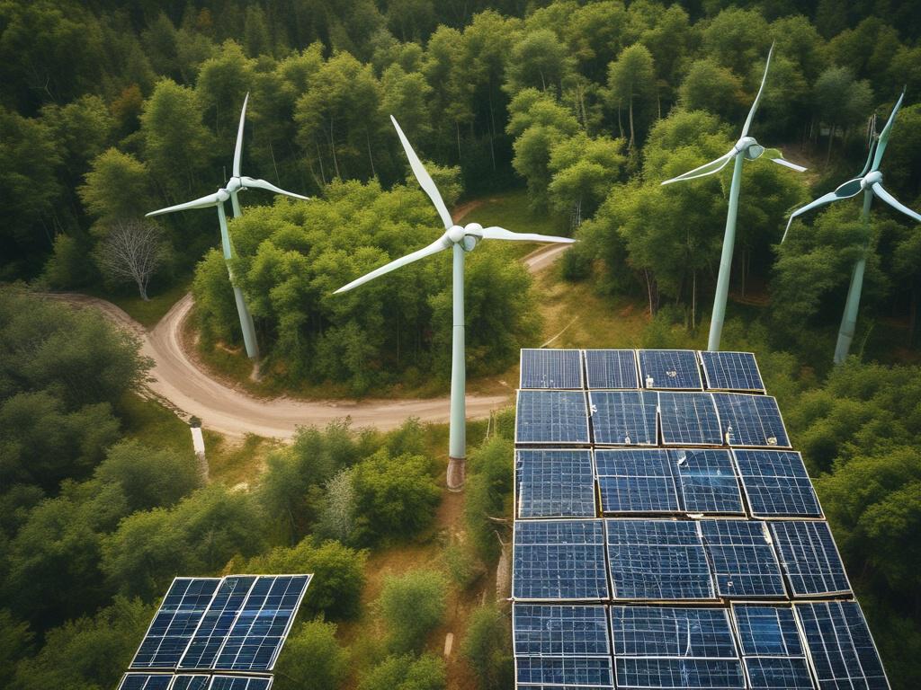 a lush green forest with advanced eco friendly technology, showing