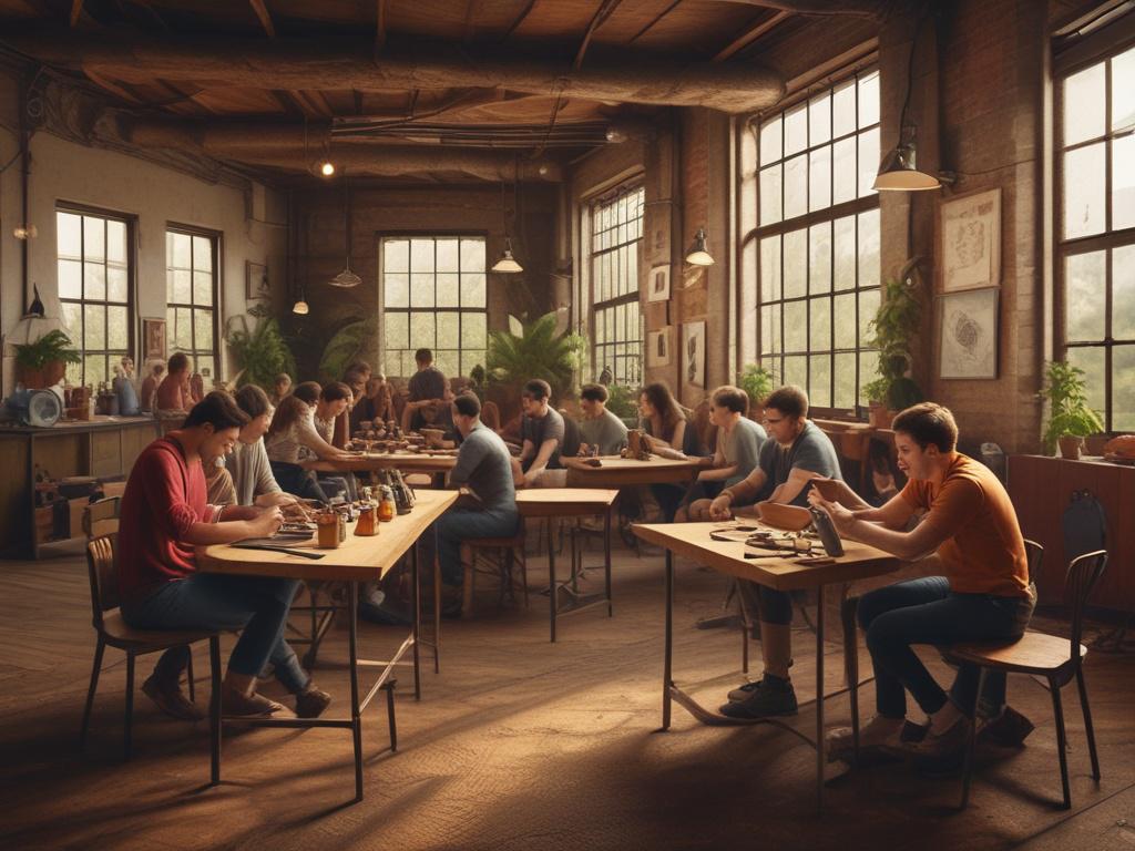 a vibrant community workshop scene with people engaging in technology