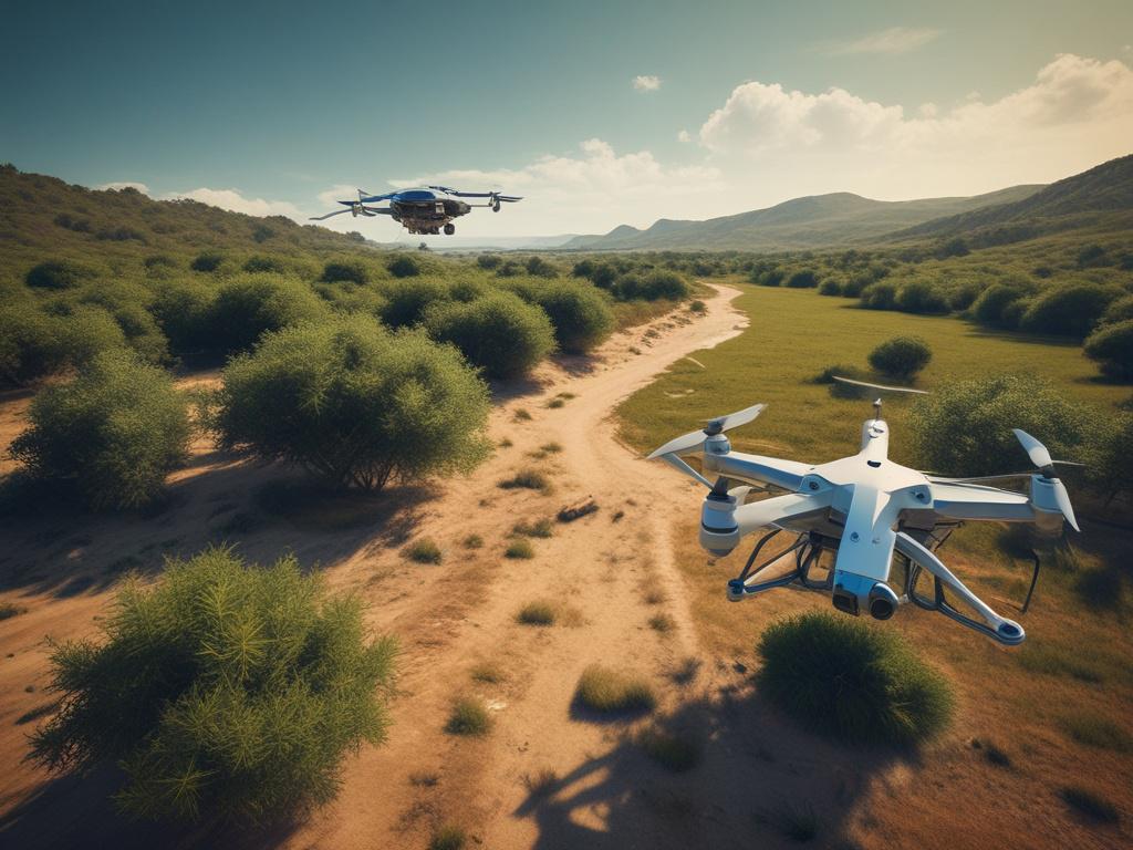 a realistic high resolution image of a drone surveying a