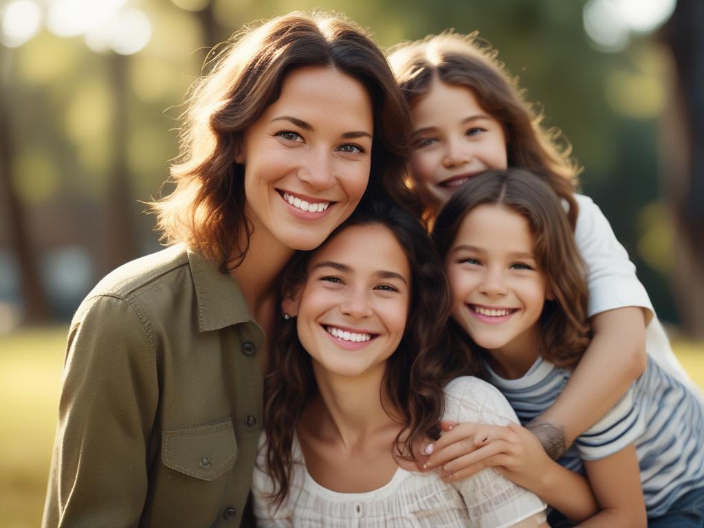 A clean, Caucasian single mom with three kids, all smiling at the camera. The mom is in her mid-30s, with shoulder-length brown hair, wearing a casual yet stylish outfit. The kids are two boys and a girl, aged between 5 and 10 years old, with happy expressions. The background is a bright, airy living room with soft natural light coming through a window, creating a warm and inviting atmosphere.