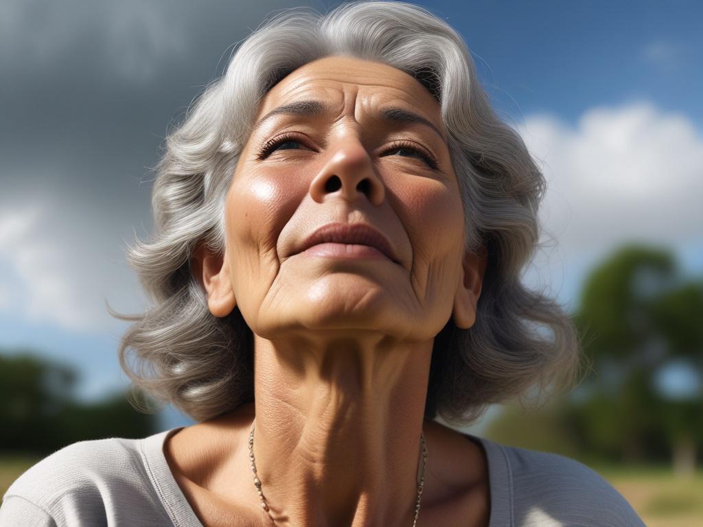 an older latina woman with graying hair looking up at the sky appreciatively, hyper-realistic, close-up shot, 45mm f/1.2 lens style, bright sky in the background, warm lighting