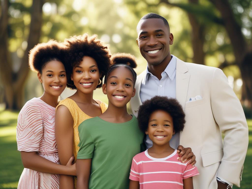 A clean cut African American family with neat hairstyles, standing together in a bright, welcoming environment, showcasing unity and love. The family includes a father, mother, and two children, all smiling and dressed in smart-casual attire. The background features a well-maintained garden with vibrant greenery, under a clear blue sky, conveying a sense of peace and harmony.