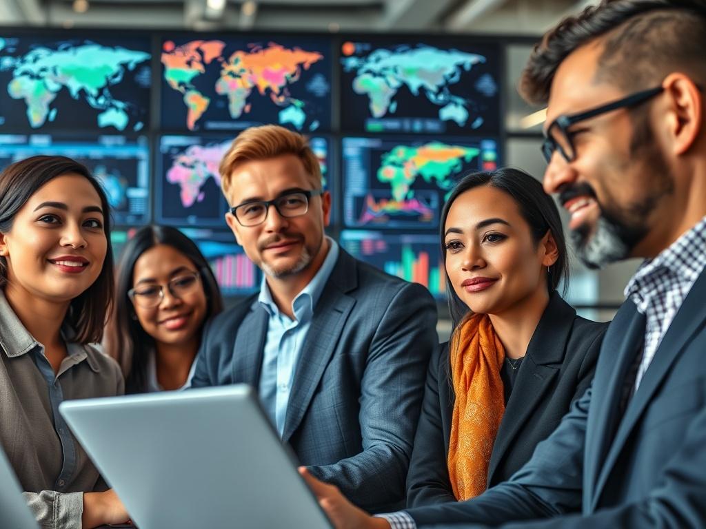 A close-up shot of a diverse team of professionals collaborating in a modern office setting, showcasing a blend of cultures and expertise. The background features a high-tech workspace with screens displaying international trade data and maps. The image should be hyper-realistic, focusing on the expressions of determination and teamwork, captured with a 45mm f/1.2 lens style, highlighting the primary color rgb(2, 86, 197) in their attire or office decor.
