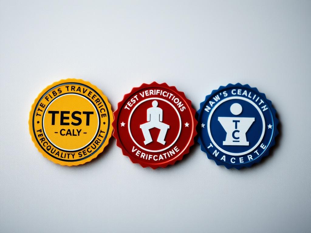A close-up image of various verification badges displayed on a website footer, showcasing their design and colors. The badges should represent trust, quality, and security, set against a subtle gray background for emphasis.