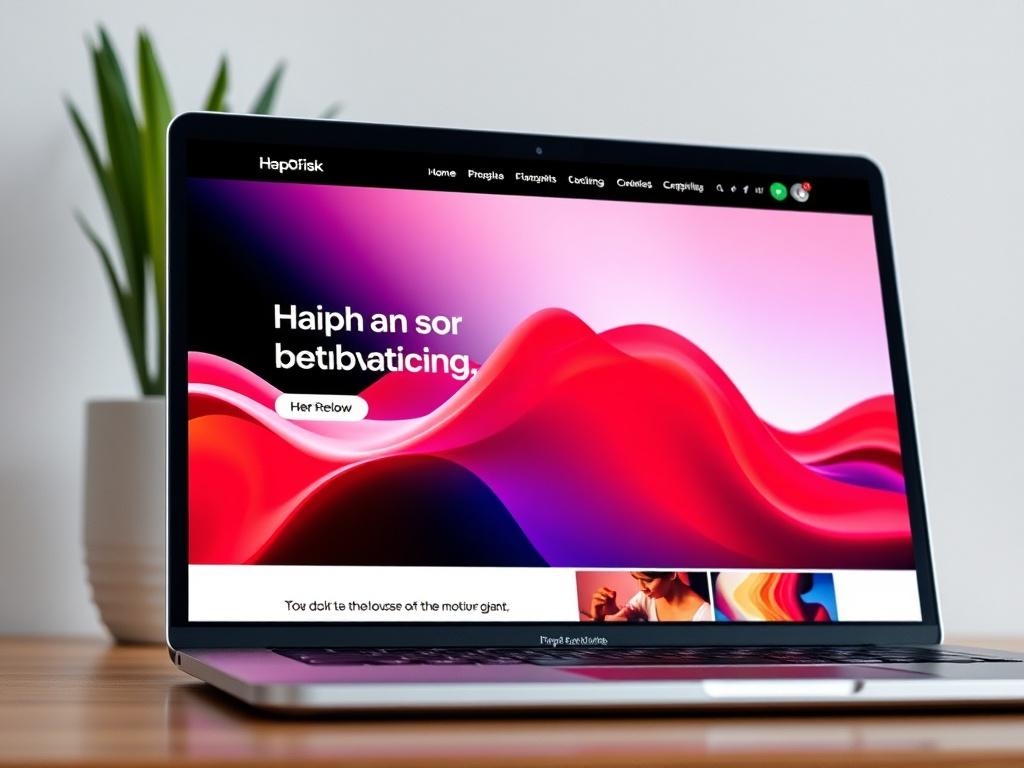 A close-up shot of a modern website design displayed on a laptop screen, showcasing a vibrant Hero section with captivating visuals, a motivational quote, and a sleek layout. The background should be minimalistic, allowing the focus to be on the laptop and the intricate details of the website design.