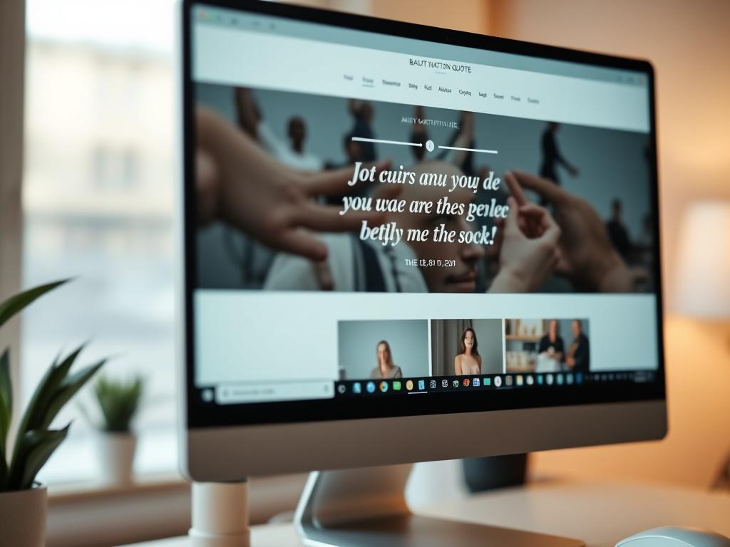 A close-up shot of a computer monitor displaying a beautifully designed website featuring a daily motivation quote in an elegant font. The quote is framed by attractive graphics that reflect a modern aesthetic. The background is softly blurred to emphasize the screen, capturing the essence of inspiration and engagement. The primary color scheme should harmonize with rgb(2, 86, 197).