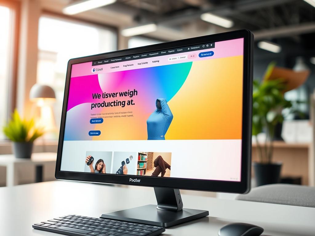 A modern website design being showcased on a computer screen, with a dynamic hero section featuring vibrant colors and a motivational quote. The screen displays an attractive layout with product images and AI buttons visible. In the background, a soft-focus office setting enhances the professional atmosphere. The composition should highlight the website interface, demonstrating sleek design elements and user-friendly features. The primary color theme should align with rgb(2, 86, 197).